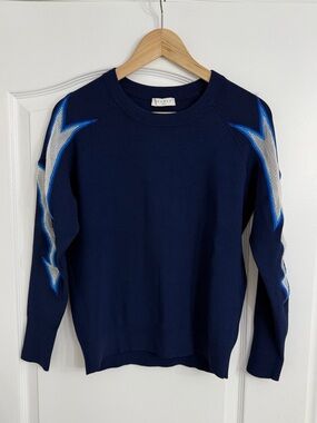 Sandro Navy Crewneck Sweater with Blue & White Star Sleeves